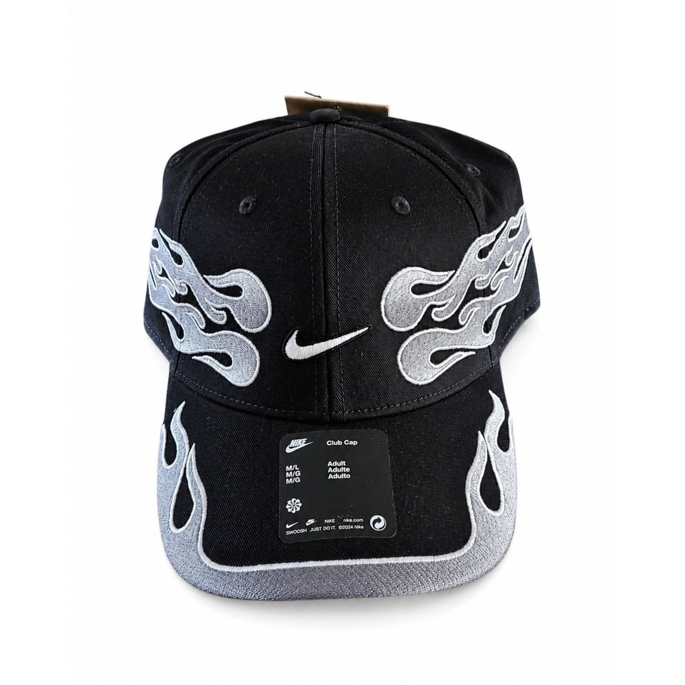 Nike Club Cap 2 Black Silver Flame Embroidered Hat IH9258-010 Men's M/L NWT - Picture 1 of 6
